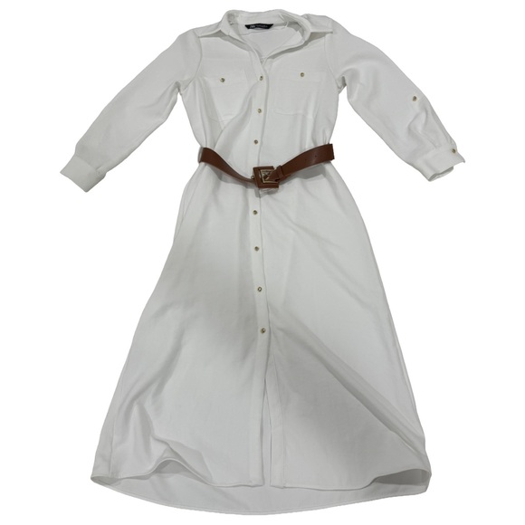 Zara White Belted Gold Button-Down Shirt Dress (Size Small) - Picture 5 of 11